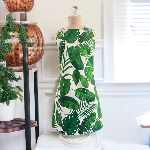 Alice + Olivia Coley Palm Leaf Printed A Line Mini Dress Green White - Picture 1 of 6